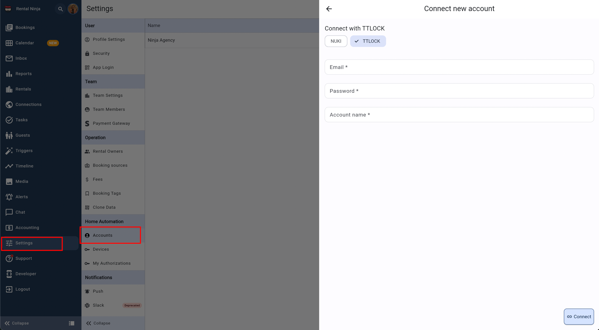 Connect a new TTLock account in Rental Ninja